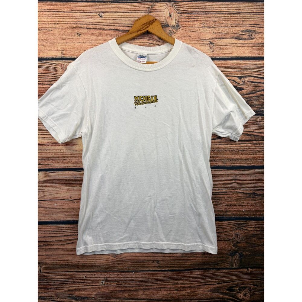Vintage Gildan Michigan Wolverines White Embroidered T-Shirt Medium 4639